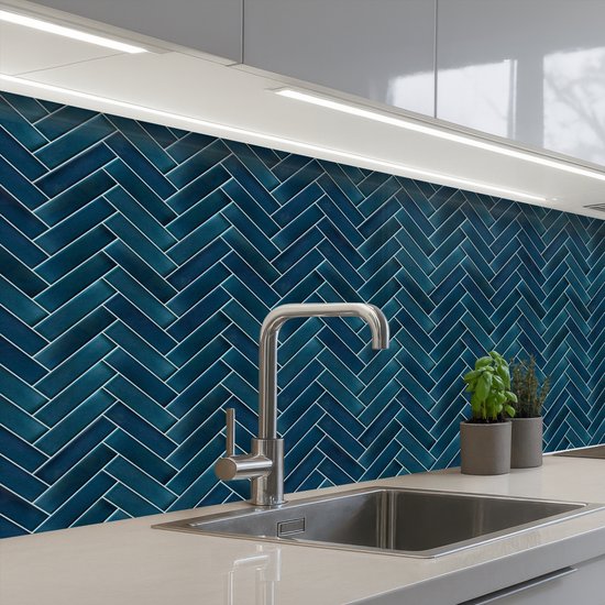 Keuken achterwand 200x80 cm - Spatscherm zelfklevend Visgraatmotief - Tegels - Diepblauw - Muurbeschermer - Spatwand fornuis