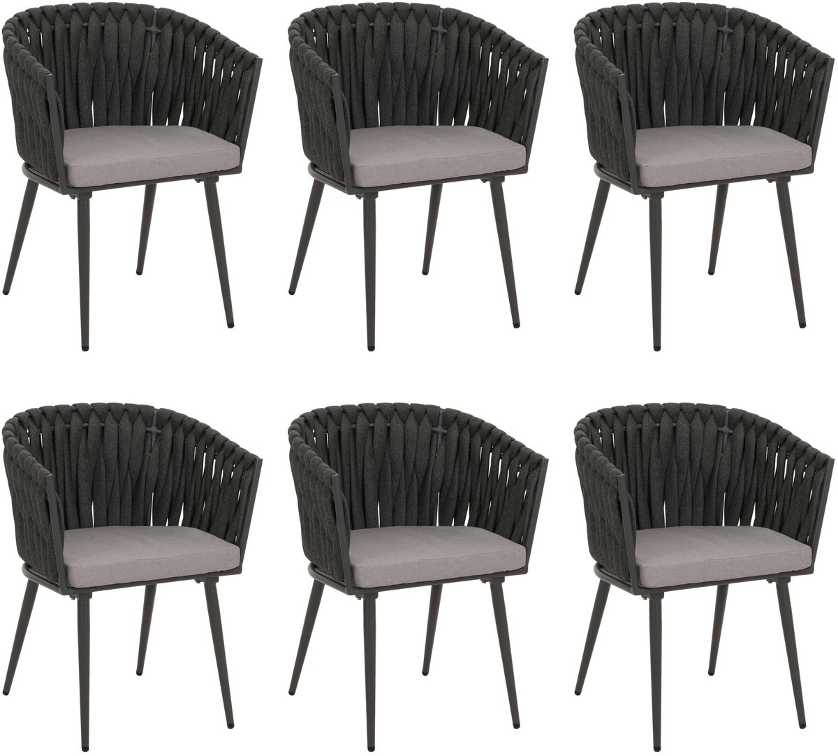 MCW Set van 6 aluminium eetkamerstoel MCW-N38, armleuning binnenstoel, Olefin rope weave Touw ~ antraciet kussen lichtgrijs