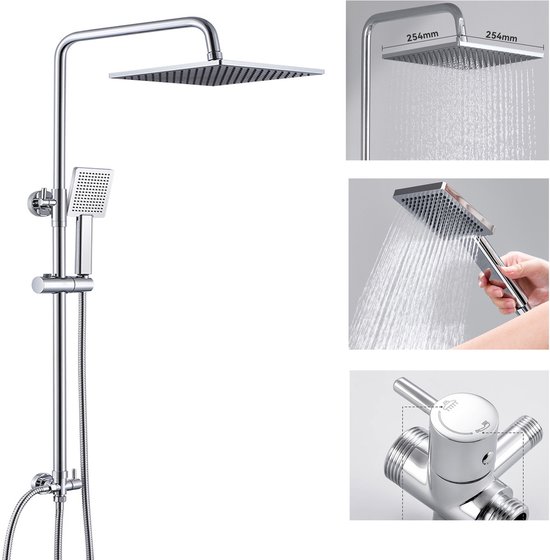 Chrome doucheset met vierkante regendouche en handdouche. Details van de douchekop en omsteller.