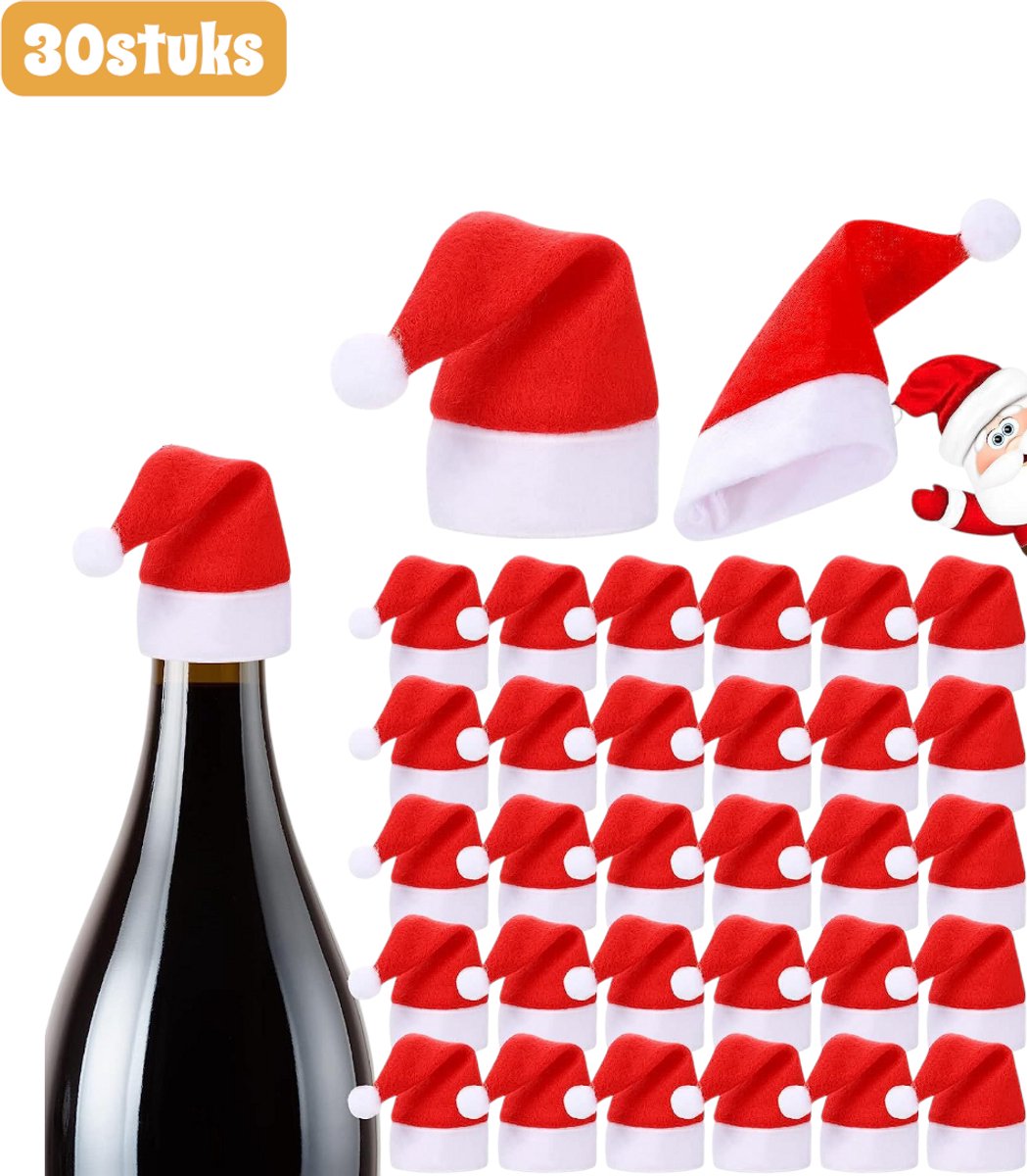Set van 30 rode kerstminihoedjes voor feestelijke tafelversiering en drankaccessoires.