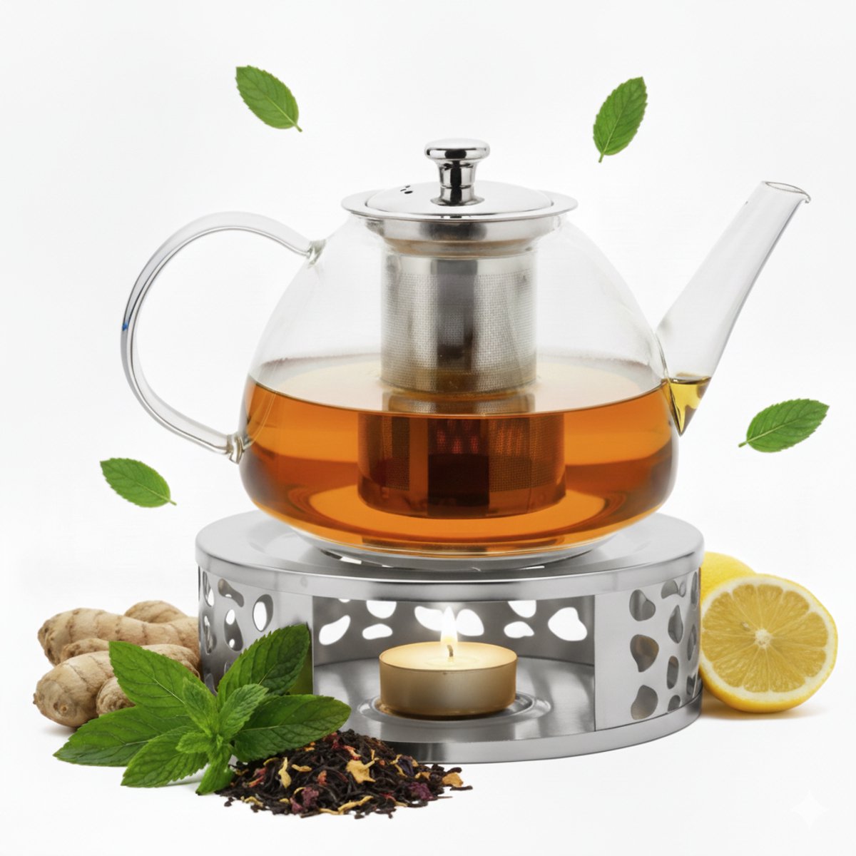 Vaja Glazen Theepot Fay 1.4 Liter met Filter en Warmhouder - Theepot Glas voor Losse Thee en Theebloemen - Tea Maker - Theelicht houder voor Theekan met Zeef - Infuser - Warmer - Zilver
