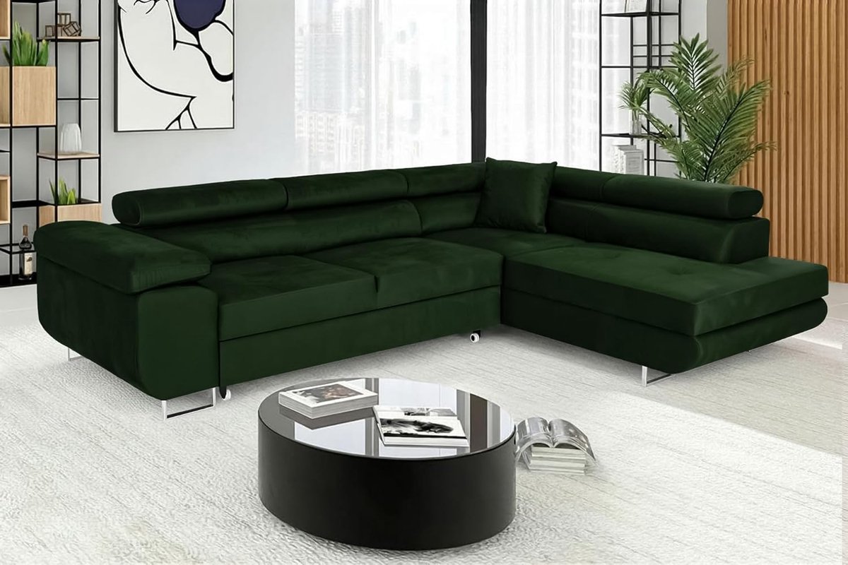 Hoekbank met Slaapfunctie en Opbergruimte – Luxe L-Vormige 3-Zits Slaapbank met Bedlade & Verstelbare Hoofdsteunen – Comfortabele Fluwelen Bank voor Woonkamer (Groen, Ottomane Rechts) – Ganeey