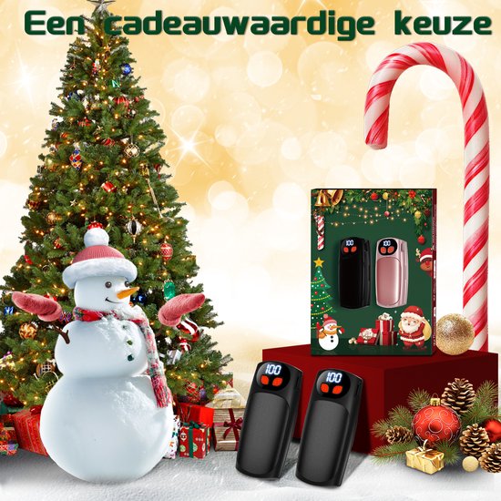 Zwarte en roségouden handwarmers naast een kerstboom, sneeuwpop en kerstcadeaus. Cadeaubox met "100" erop.