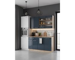 Singlekeuken 140 cm, donkerblauw hoogglans / Goldkraft eiken, AP eiken, 82 cm hoog, 60 cm diep, moderne compacte keukenunit met soft-close deuren en verstelbare planken – Novihome