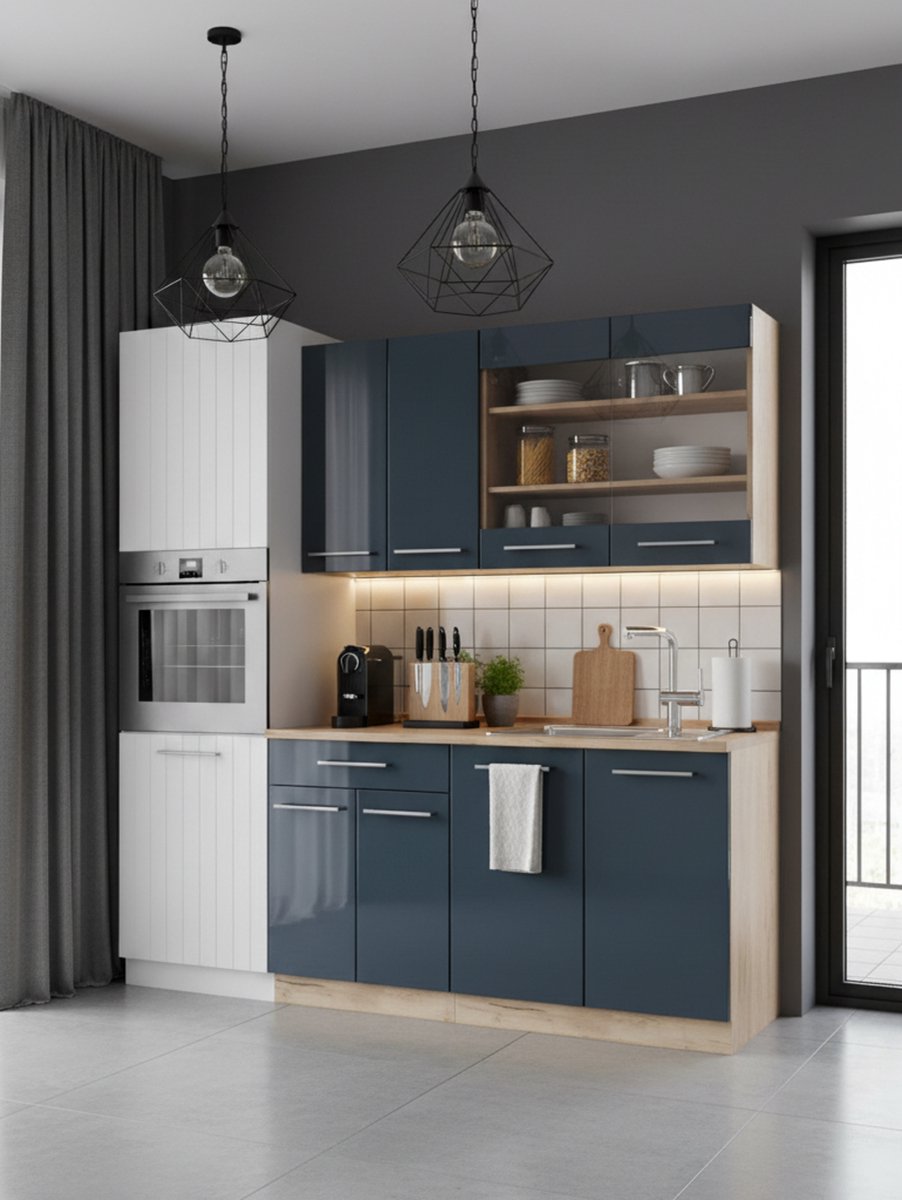 Singlekeuken 140 cm, donkerblauw hoogglans / Goldkraft eiken, AP eiken, 82 cm hoog, 60 cm diep, moderne compacte keukenunit met soft-close deuren en verstelbare planken – Novihome