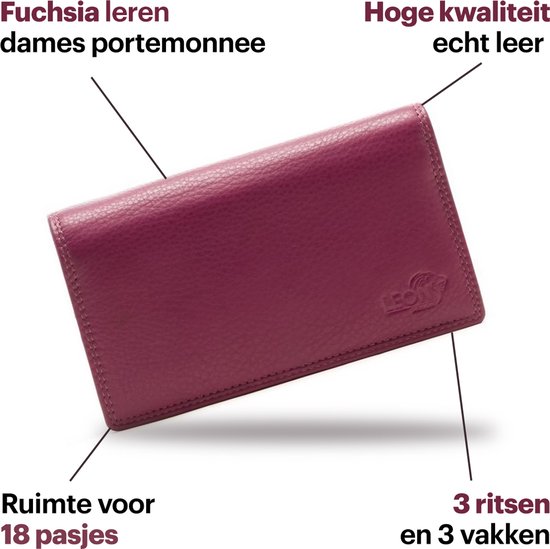 Fuchsia leren dames portemonnee, hoge kwaliteit echt leer, met ruimte voor 18 pasjes en 3 ritsen.