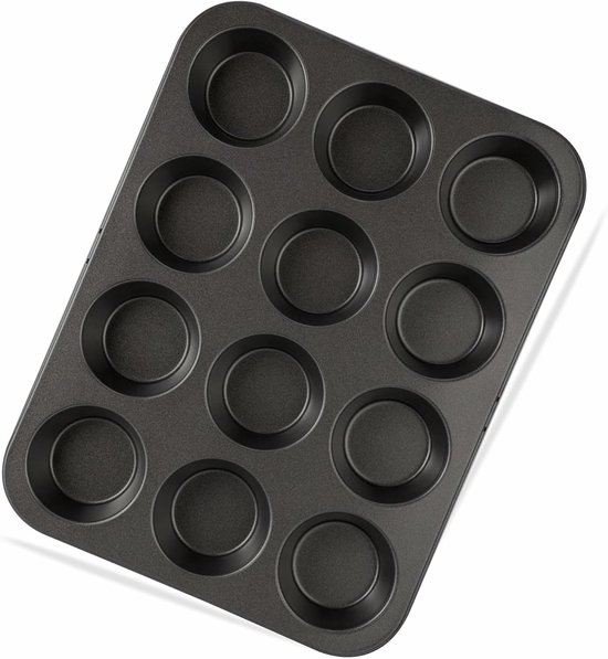 Doodadeals® Muffin Bakvorm – Anti-Aanbak RVS Bakplaat – 12 Vormpjes – 28×36×3 cm – Cupcake Bakblik – Zwart