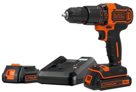 Boor-schroefmachine 18V BLACK+DECKER BDCHD18K1B2 met hamerfunctie, 2x 2.0Ah accu, snelspan boorkop, 11 koppelstanden