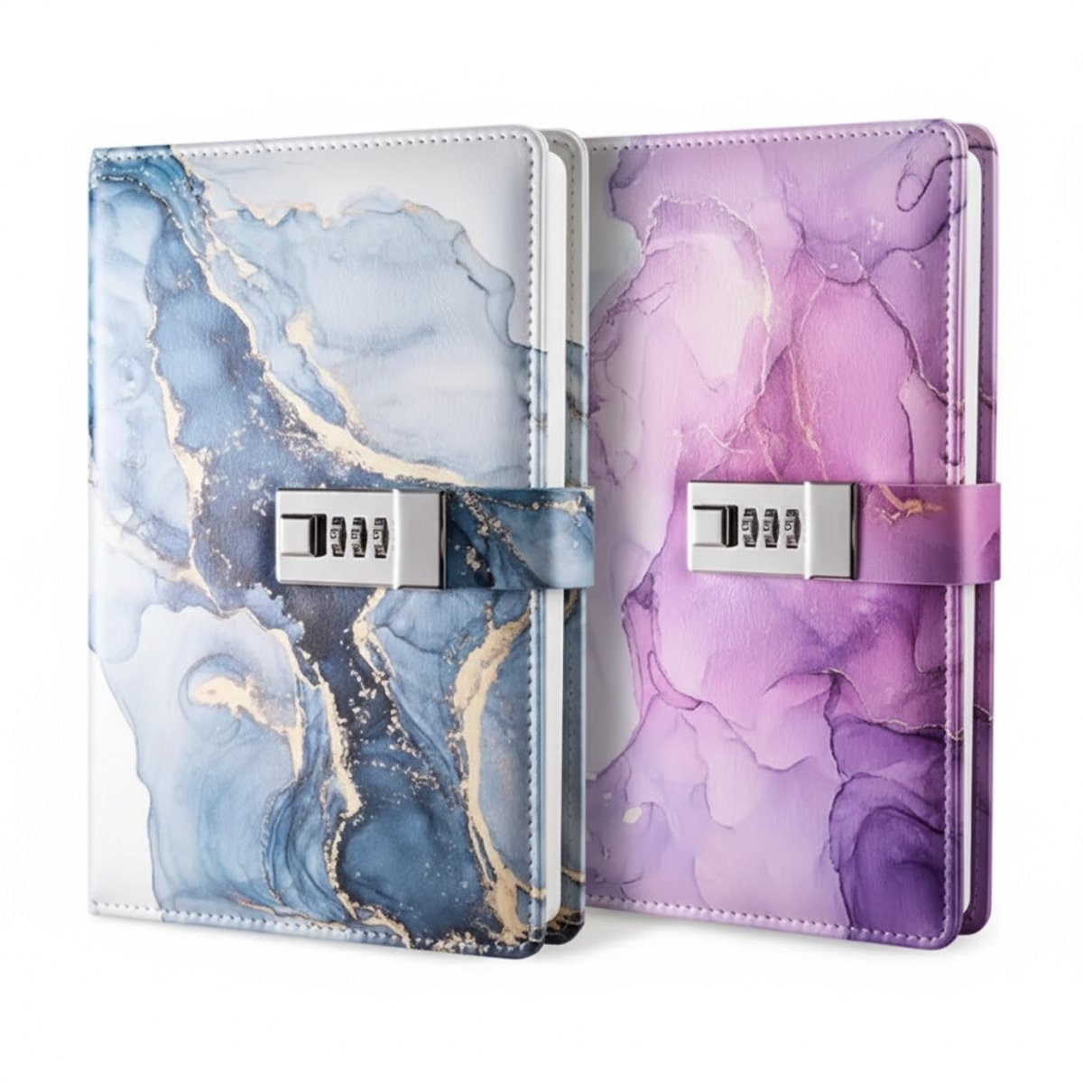 Dagboek met Slot combi - A5 - Marmerlook Blauw / Goud + Paars / Roze - Leer - Notitieboek - Notebook - Cadeau tip - Cijferslot (adviesprijs €52,-)