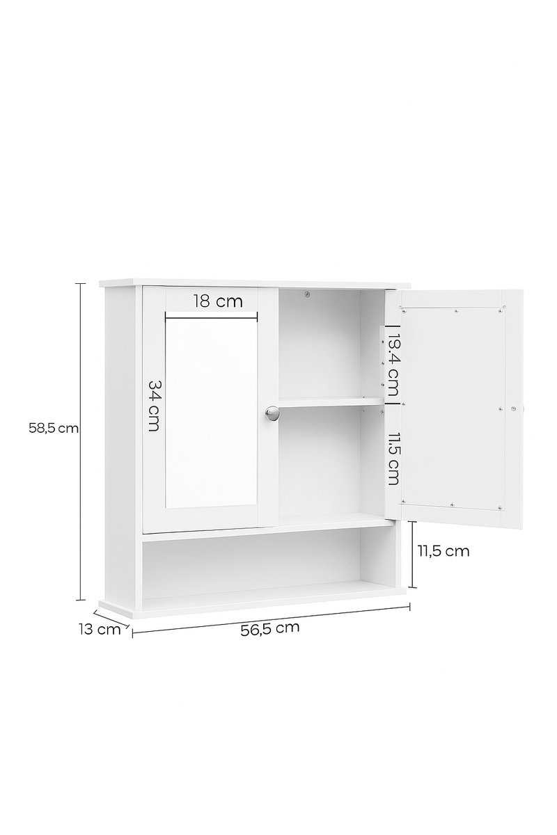 ShaSha Badkamermeubel - Badkamer kast met spiegel - 2 Spiegeldeuren- Open plank - Badkamer kast boven wastafel - Badkamer opberg ruimte - Wit