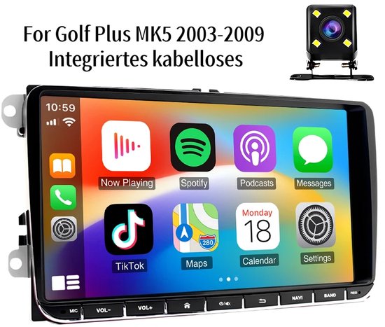 Bluetooth Android Autoradio, 9 Inch 2 DIN Navigatiesysteem met CarPlay & Android Auto, voor VW Golf Plus MK5 2003-2009