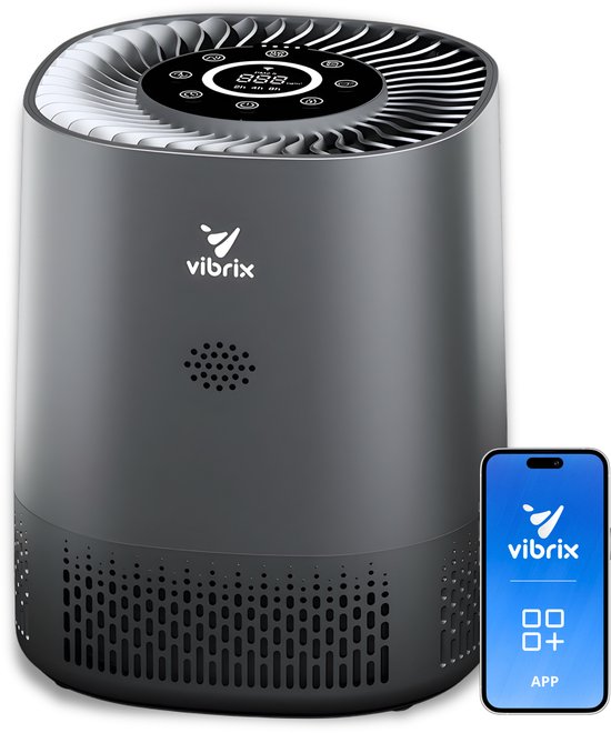 Vibrix PureFlow15 Pro Luchtreiniger / Air Purifier – HEPA H14 + koolstoffilter inbegrepen – 100 m³/u, voor kamers tot ca. 15 m² – Ionisator – App-bediening – Zeer stil & slaapstand – Luchtkwaliteitindicator – Helpt bij stof, pollen & huisstofmijt