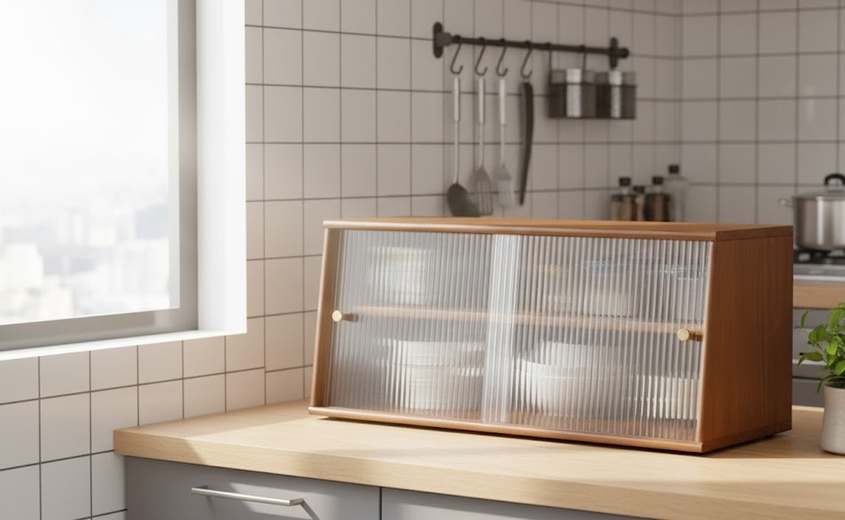 Luxe Vrijstaande Keukenkast met Verstelbare Glazen Deuren – Houten Opbergkast met Kersenhout Afwerking, 80x35x30 cm – Stijlvolle Wandkast voor Woonkamer, Eetkamer of Keuken – Novihome