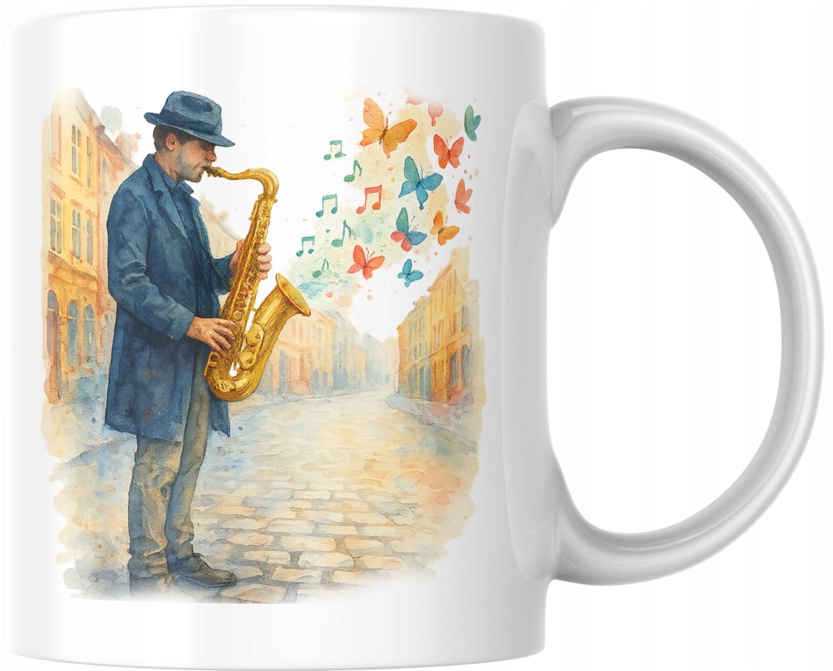 Mok met Saxofonist en Vlinders - Jazz Muziek Cadeau