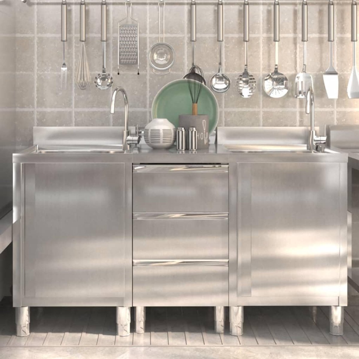Professionele RVS Keukenkast Set met Laden – 3-Delige Roestvrijstalen Opbergkast voor Restaurant, Hotel en Horecakeuken – Duurzame en Hygiënische Werk- en Opslagkast, 90x60x85 cm – Novihome