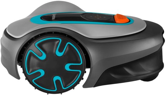 Robotmaaier met grijze en turkooizen accenten, een groot wiel en oranje stopknop.