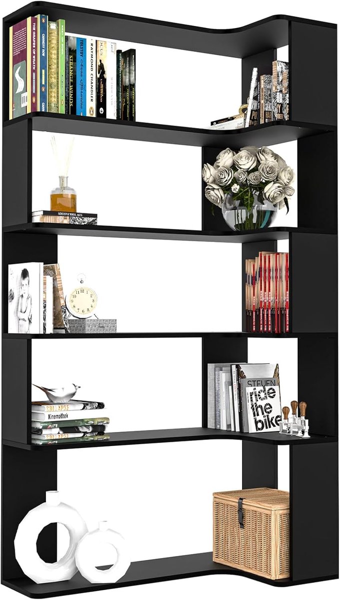 Boekenkast - Zwarte hoekboekenkast met 5 planken - Houten driehoekige boekenkast met verlichting - Open opbergruimte voor de studeerkamer, woonkamer en het hele huis