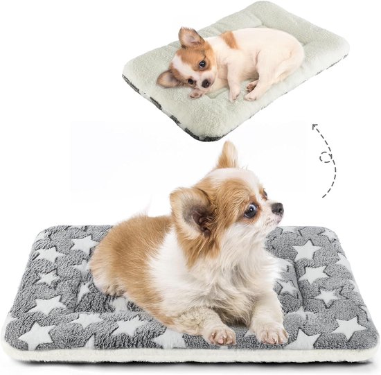 Grijze hondenmat met witte sterrenprint, met een chihuahua erop. Een kleinere versie van de mat is hierboven te zien.