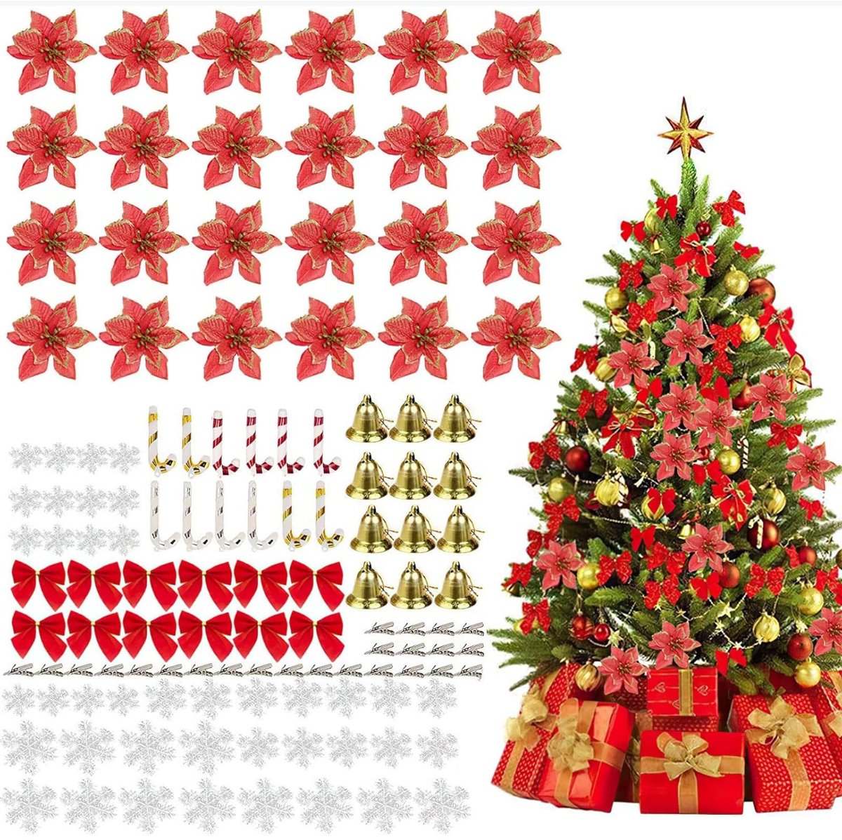 Mmgoqqt 120 Stuks Kerstbloemen - Kerstboom Ornamenten - Decoratie Glitter - Kunstkerstbloemen Set Voor Kerstmis Kransen