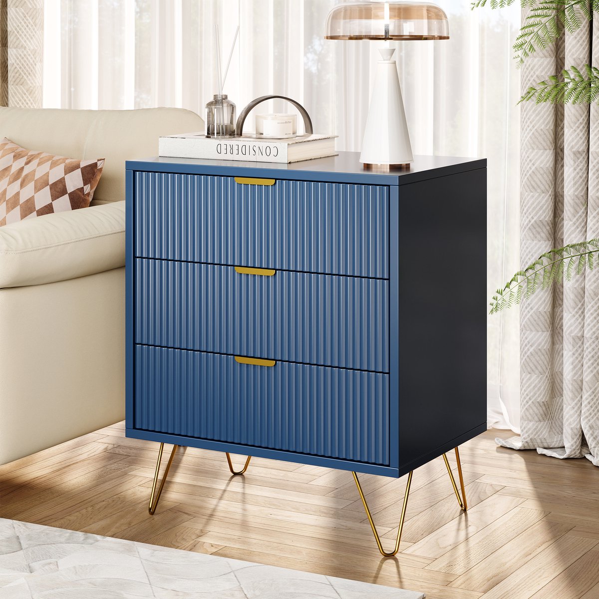Ladenkast 3 Laden - Commode Nachtkastje Opbergmeubel voor Slaapkamer, Woonkamer, 60x40x70 cm, Blauw