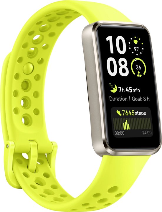 Gouden smartwatch met heldergele band, scherm toont tijd, slaapduur en 7645 stappen.