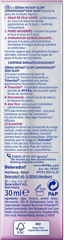 Verpakking met Franse productinformatie voor NIVEA Luminous630 Instant Glow Serum.