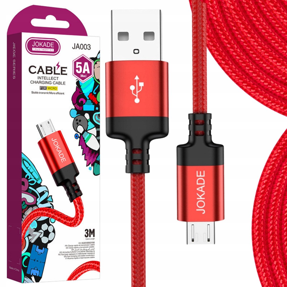 Universele USB naar Micro USB Kabel 3M Rood 5A Sterkte Gevlochten