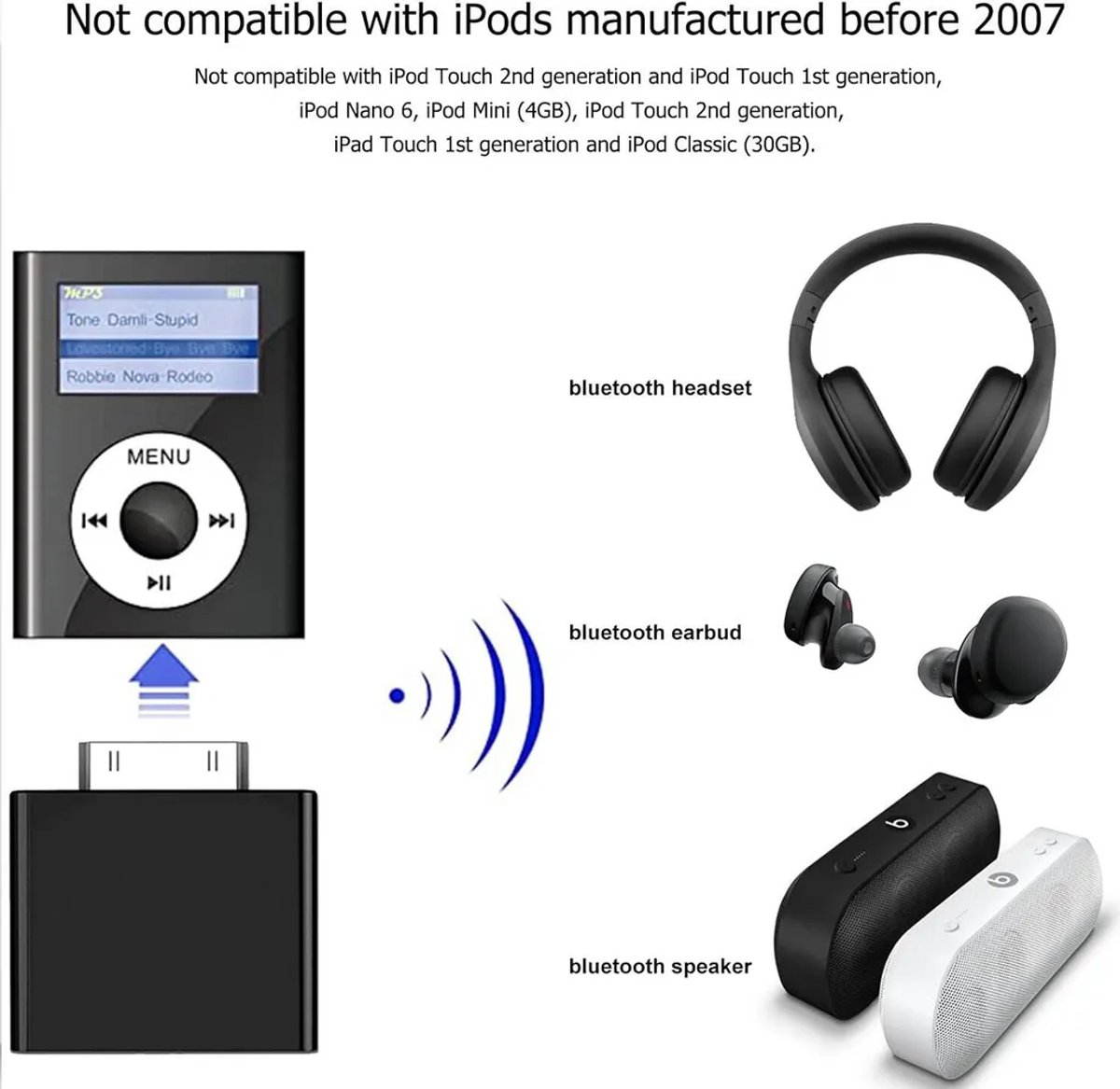 Bluetooth zender Geschikt voor Geschikt iPod Classic, plug-and-play Bluetooth adapter connector, Geschikt iPod Classic 160GB, Geschikt iPod Classic en iPod Nano