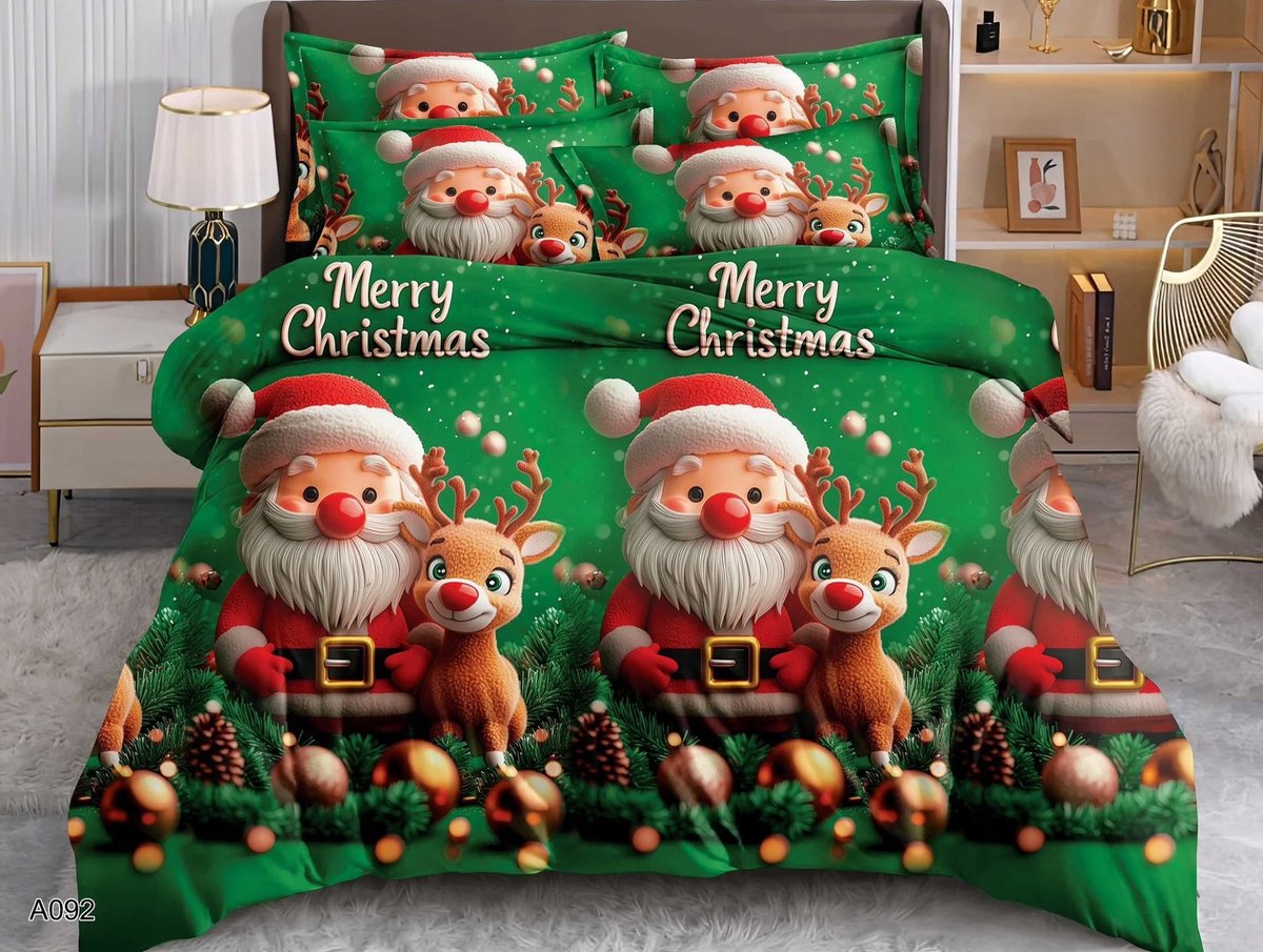 Image of 3D Kerst Dekbedovertrek Katoen Satijn 220x200cm 3-delig Kerstman & Rendier