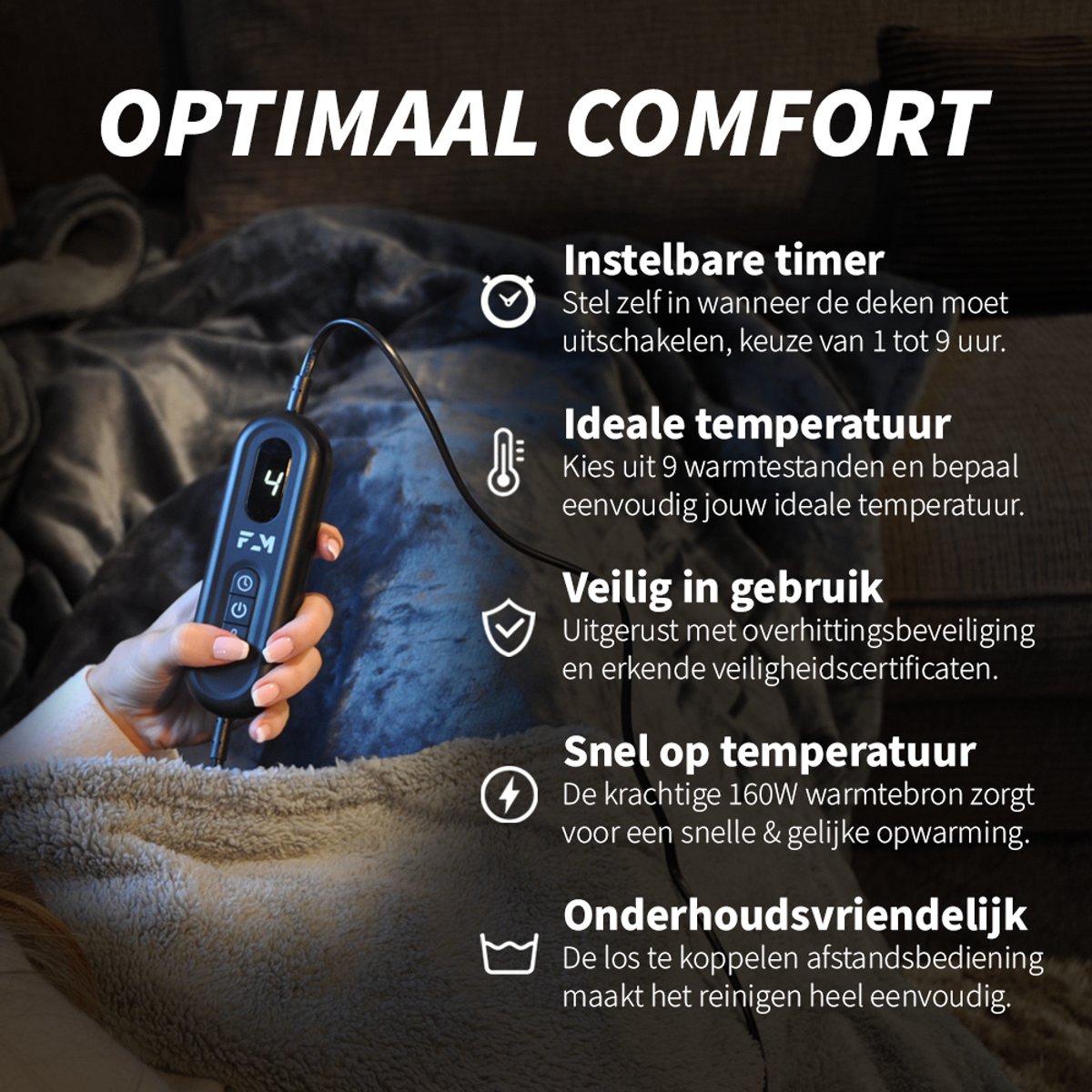 FlowMotion Luxe XL Elektrische Warmtedeken 180x130cm - Grijs/Antraciet - Elektrische Deken met 9 Warmtestanden - Bovendeken met Timer – Verwarmde Deken 160W – Fleece Verwarmingsdeken – foto 4