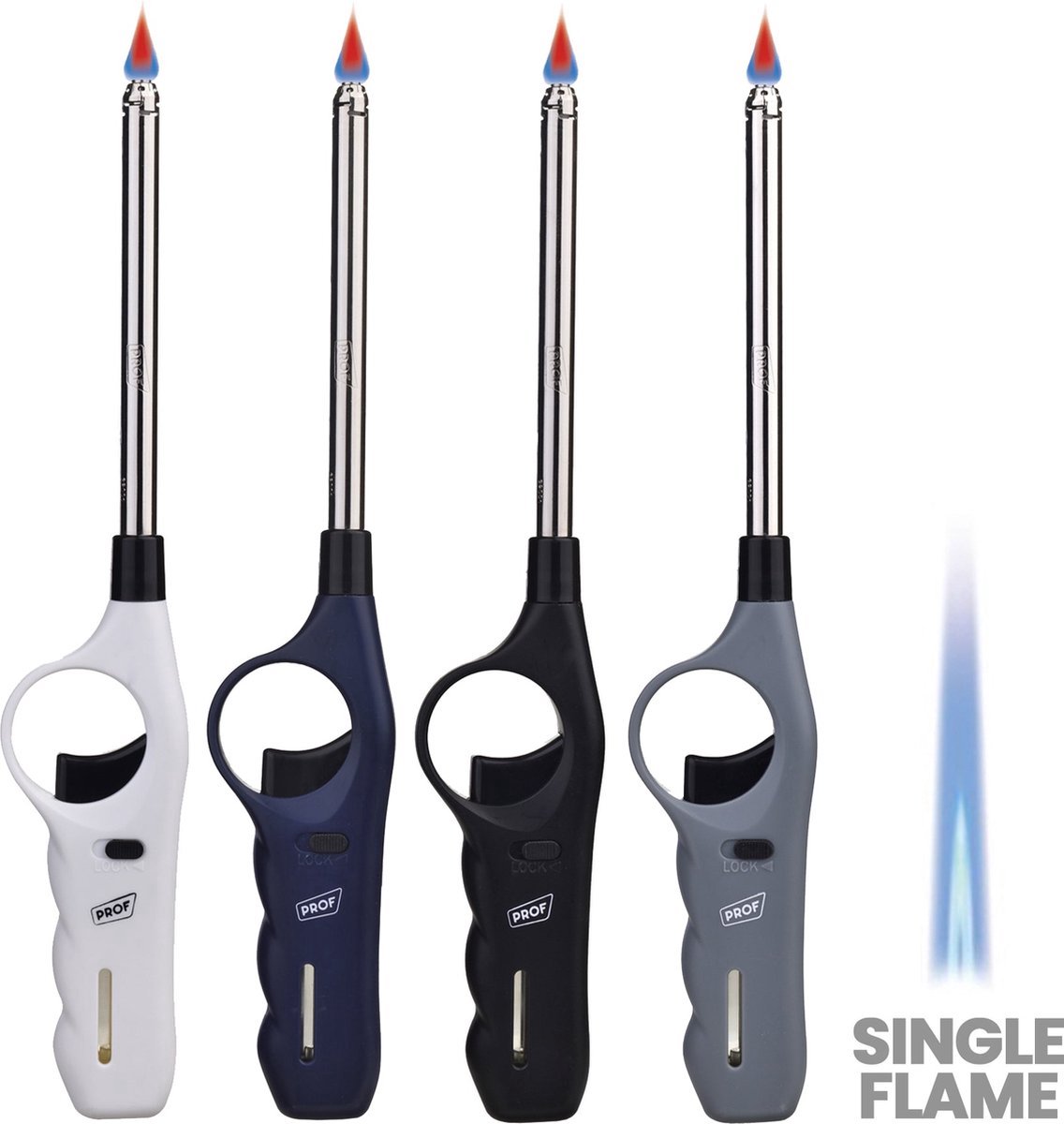 4x Prof Hake Turbo Aansteker – Lange Hervulbare Gasaansteker 27 cm – Stormaansteker met Turbo Vlam – BBQ, Kaarsen & Keuken – Set van 4 Kleuren