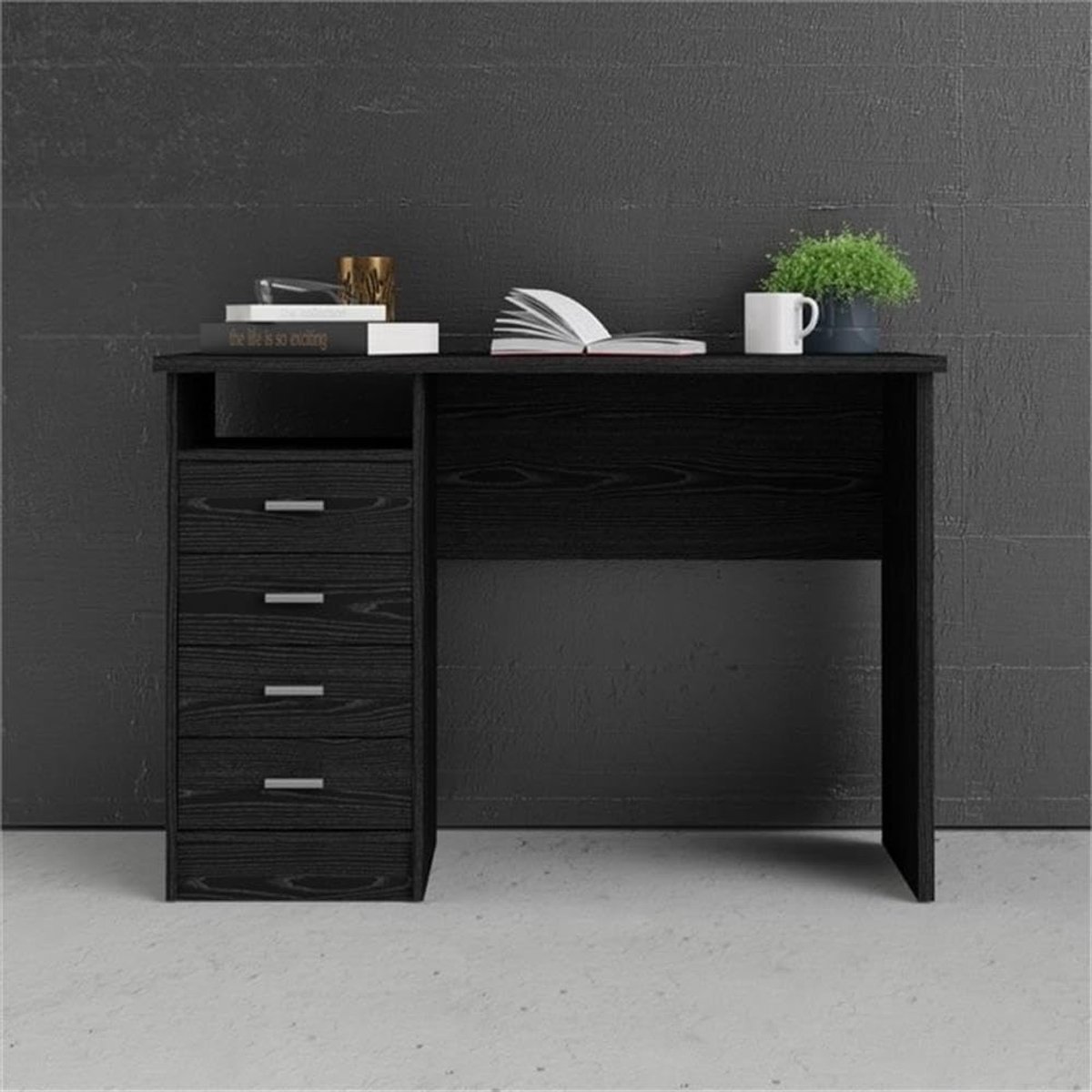 Stijlvol Modern Bureau met 4 Lades 110x48,5x76 cm – Functioneel Computer- en Werkbureau in Zwarte Houtnerf – Novihome