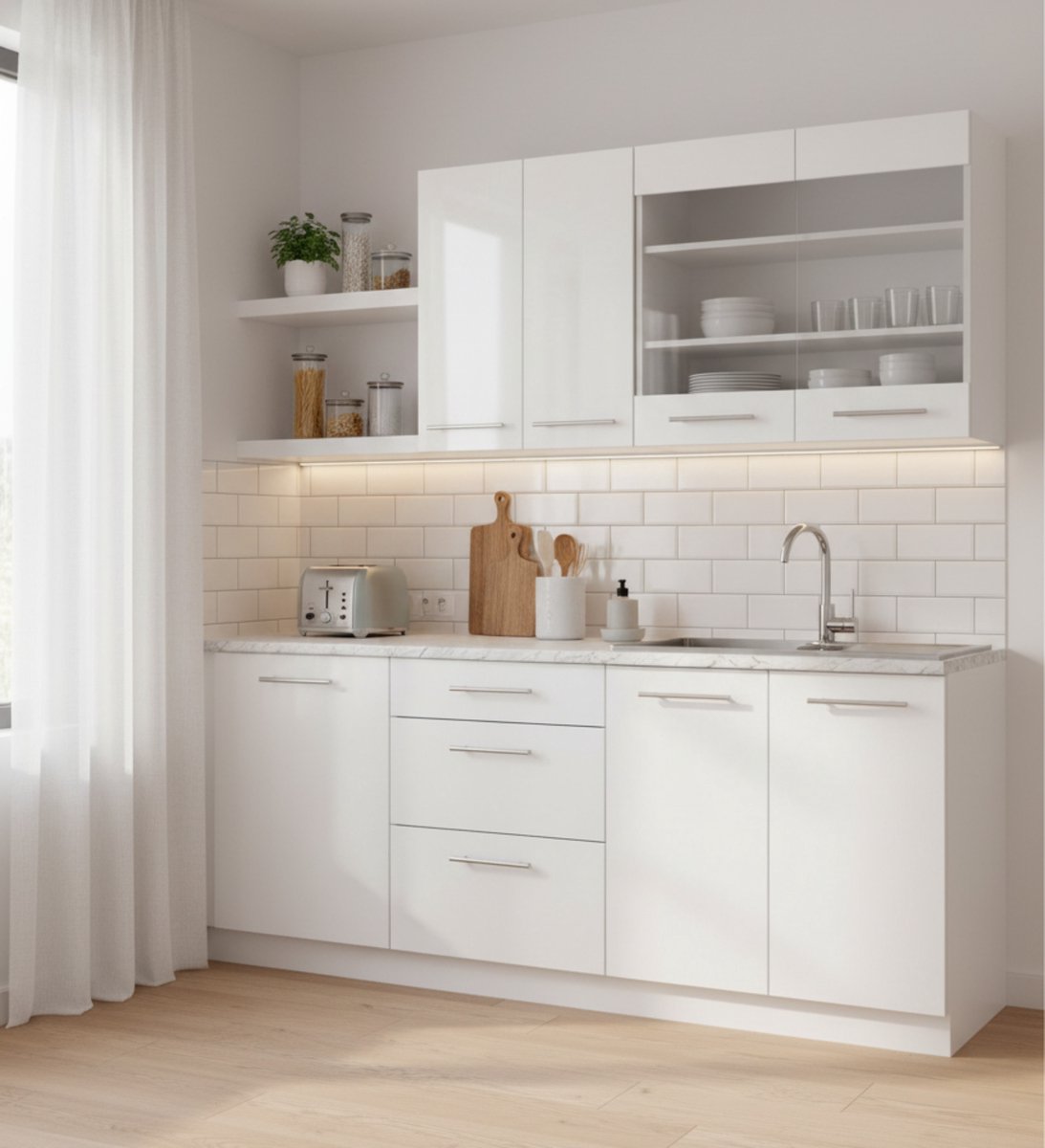 Single Keukenblok 140x52x82 cm – Moderne Witte Hoogglans Keuken Zonder Werkblad – Compacte Eenpersoonskeuken met Soft-Close Laden & Metalen Handgrepen – Novihome