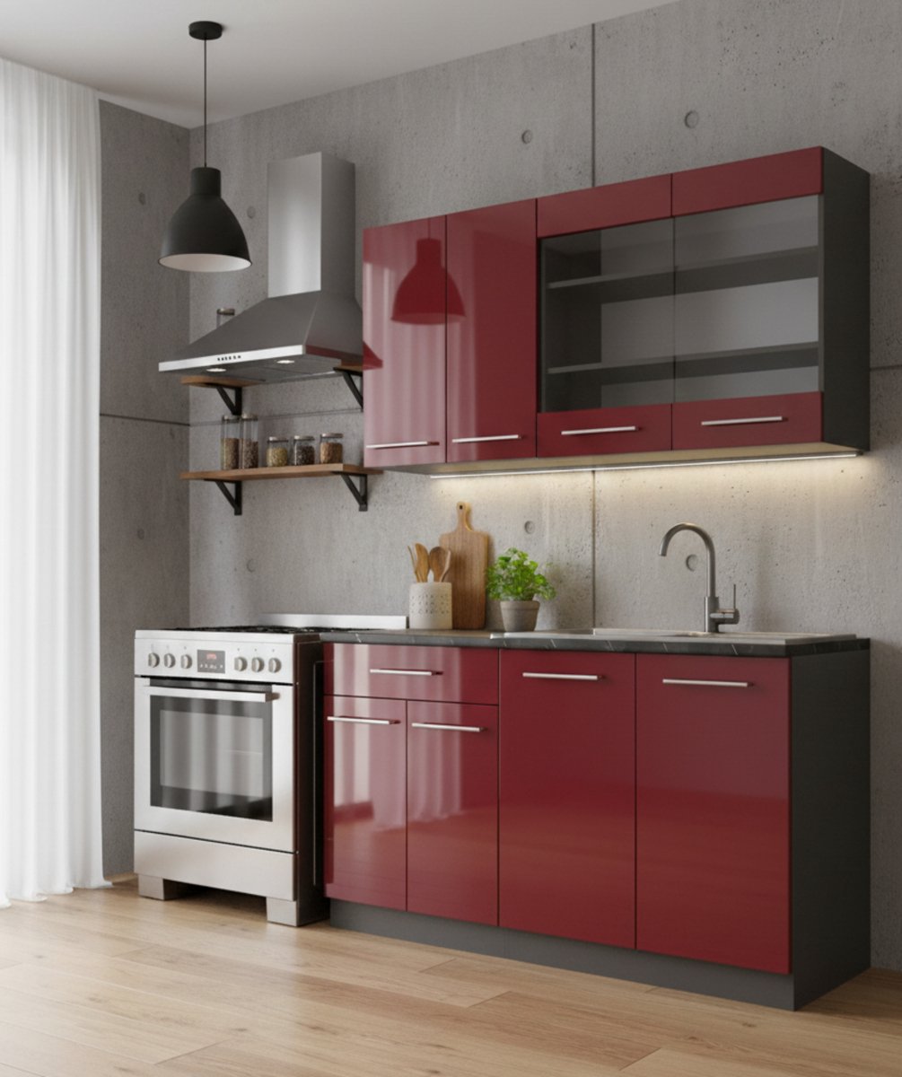 Keukenblok 140 cm met Werkblad – Moderne Singlekeuken in Bordeaux Hoogglans & Antraciet – Compacte Complete Keuken met Soft-Close Deuren, Metalen Handgrepen en Verstelbare Poten – 60D x 140B x 81,6H cm – Novihome