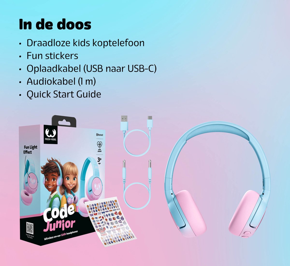 Fresh 'n Rebel Code Junior - Koptelefoon kind - Kinder koptelefoon - Draadloos (Bluetooth) & Bedraad – Inclusief Aux kabel (1m) - Cool Candy — afbeelding 7