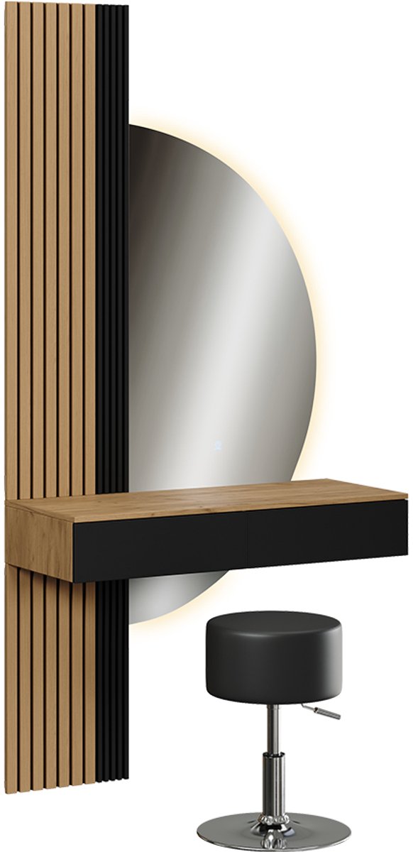 Vicco Kaptafel set met kruk Melina, Eiken/Zwart, 100 cm met LED-spiegel en kruk