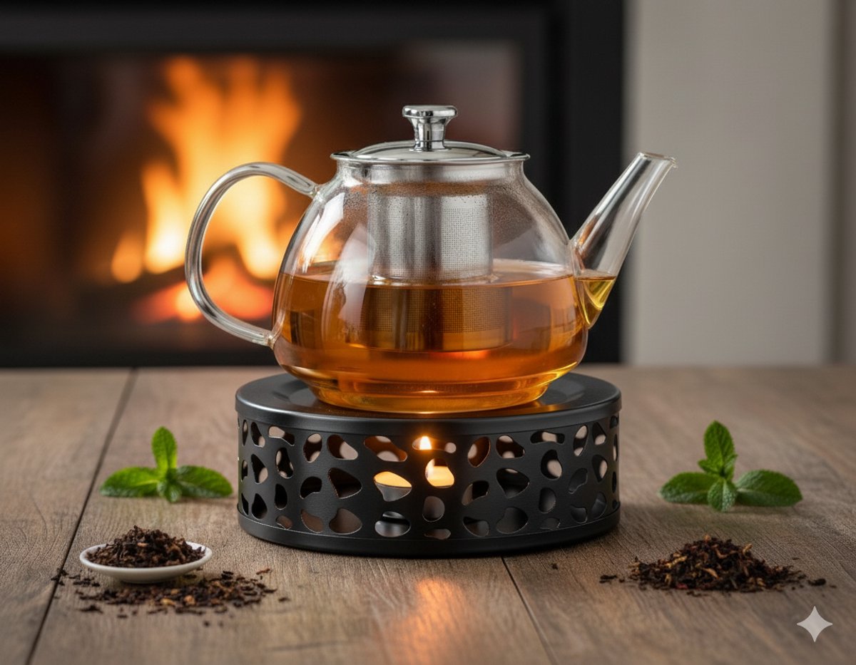 Vaja Glazen Theepot Fay 1 Liter met Filter en Warmhouder - Theepot Glas voor Losse Thee en Theebloemen - Tea Maker - Theelicht houder voor Theekan met Zeef - Infuser - Warmer - Zwart — cadeau in Koken & Dineren - foto 4