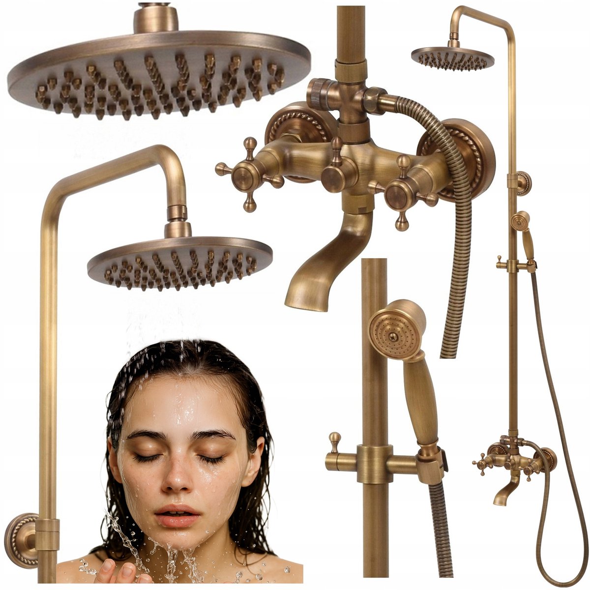 Retro Doucheset Messing Goud Opbouw met Regendouche