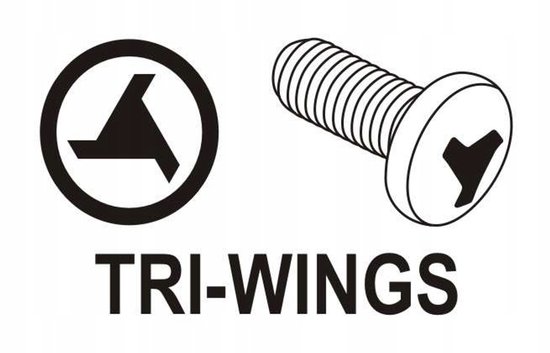 Tri-Wing logo en schroef met zeskant-aandrijving.