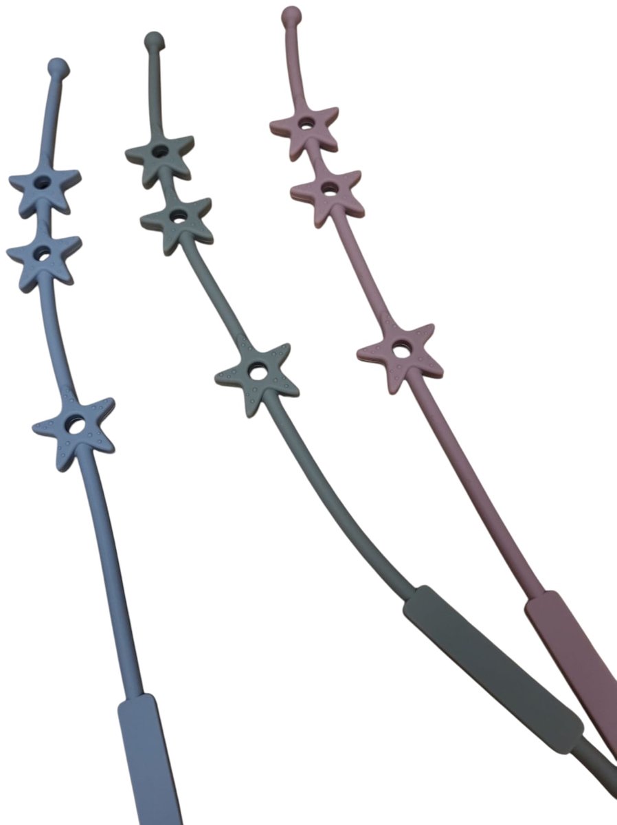 Verstelbare bandjes - Ketting - Koord - Silicone - rekbare veiligheidsriempjes voor speelgoed - Aan de kinderwagen - Kinderstoel - Autostoel - Anti weggooi - Bekercatcher - Baby - 50cm - Ster - Set van drie - Rose Blauw en Groen van Merkloos / Sans marque