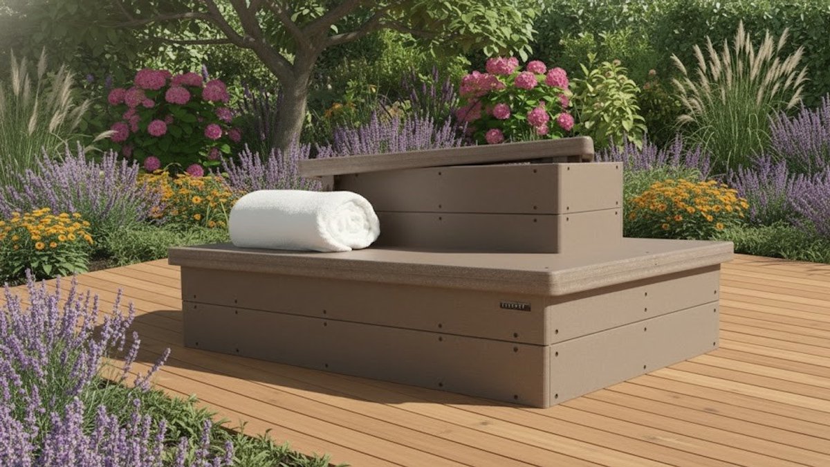 Whirlpool Trap met Opbergruimte – Novihome Robuuste Anti-Slip Spa Trap voor Jacuzzi & Zwembad – 317,5 kg Draagkracht – Onderhoudsvrij Polywood – Waterbestendig & Weerbestendig – Bruin
