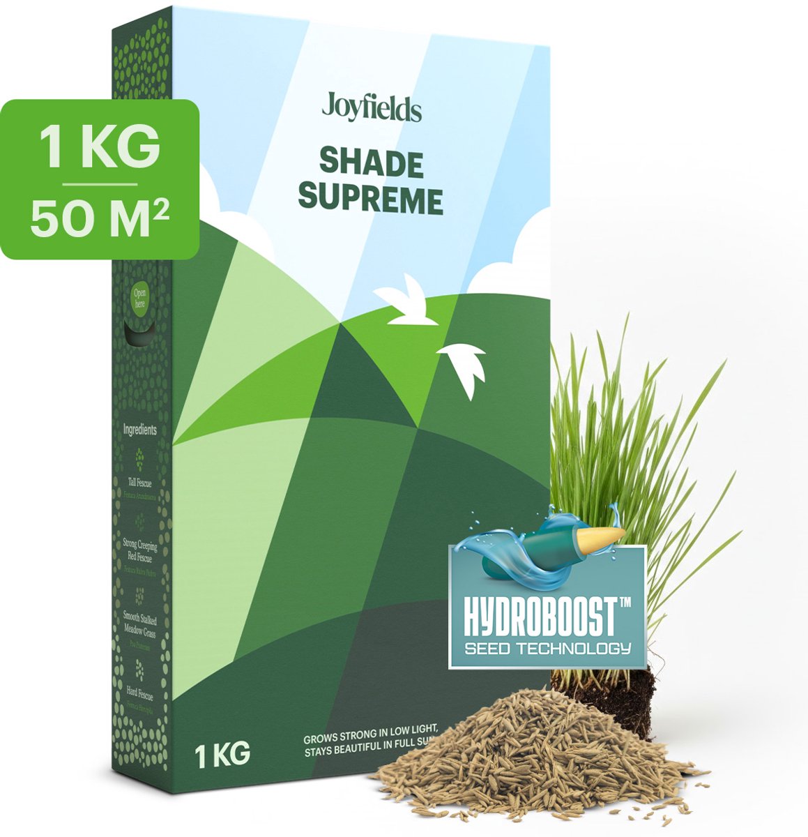 Joyfields Shade Supreme - Graszaad schaduwgazon - 1 kg voor 50 m² - Voor schaduw en zon - Creëert een dichte grasmat - Gaat mosgroei tegen - Met Hydroboost-coating