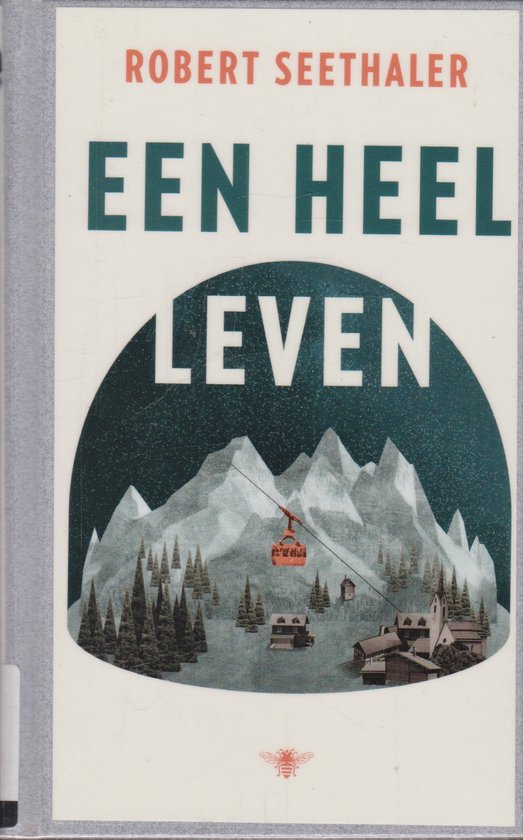 Boek "Een heel leven" met op de omslag besneeuwde bergen, dennenbomen, een dorpje en een skilift. Titel en auteur in rood en groen.