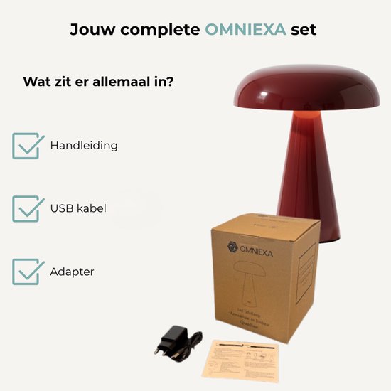 Tafellamp in de vorm van een champignon, rood. Bevat handleiding, USB-kabel en adapter.