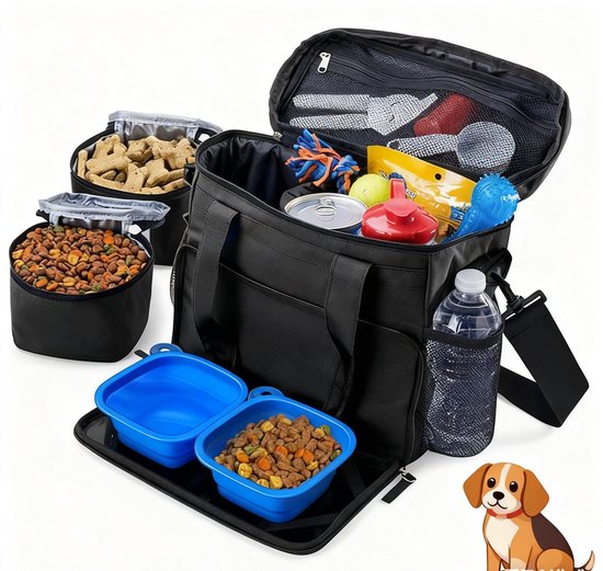 Sac de voyage Chiens – Grand sac de transport 30 L avec 2 Boîtes à croquettes – Organisateur multifonctionnel pour accessoires de chien – Sac de voyage idéal pour les propriétaires de chiens et les activités de plein air
