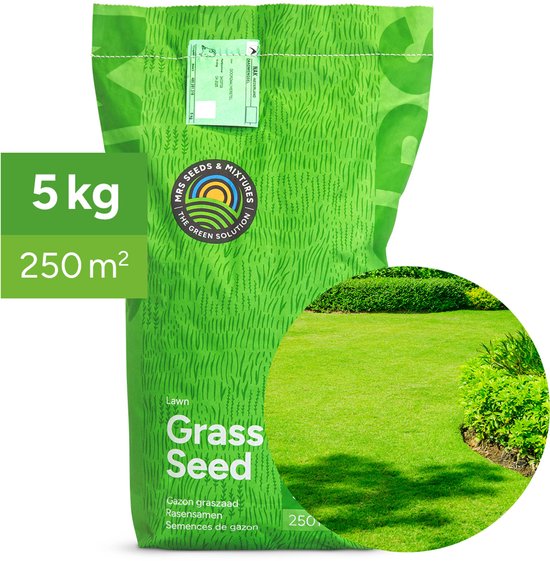 Zak graszaad 5 kg voor 250 m², met een afbeelding van een perfect groen gazon.