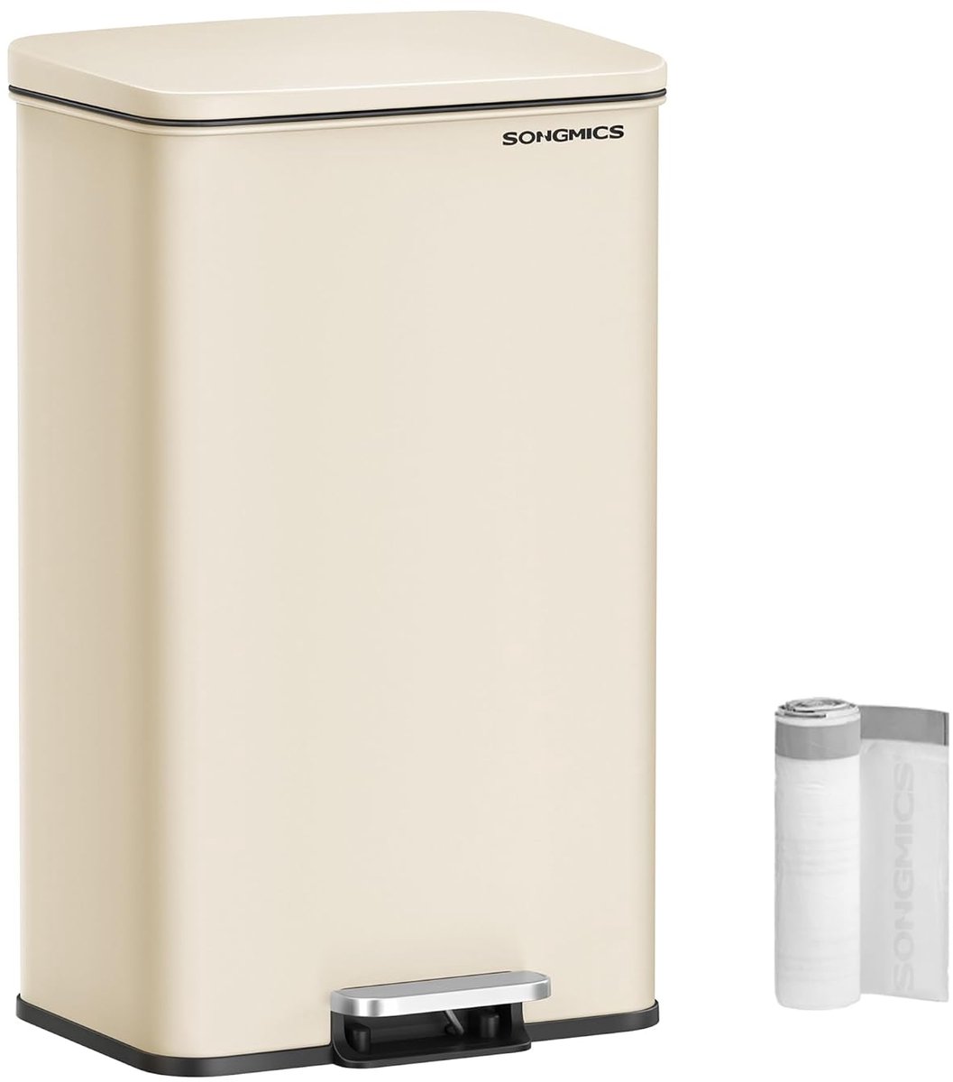 SONGMICS LTB540A02 Keukenafvalemmer, 40 liter, grote pedaalemmer met deksel, staal, zachte sluiting, met 15 vuilniszakken, zandbeige
