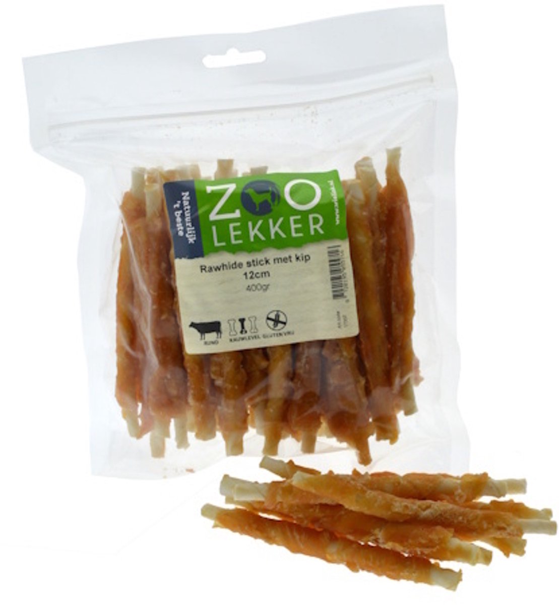 Zoolekker Rawhide stick met kip 12 cm - hondensnack van buffelhuid en kip, verpakkingen 100 g, 400 g en 1 kg 400 Gram