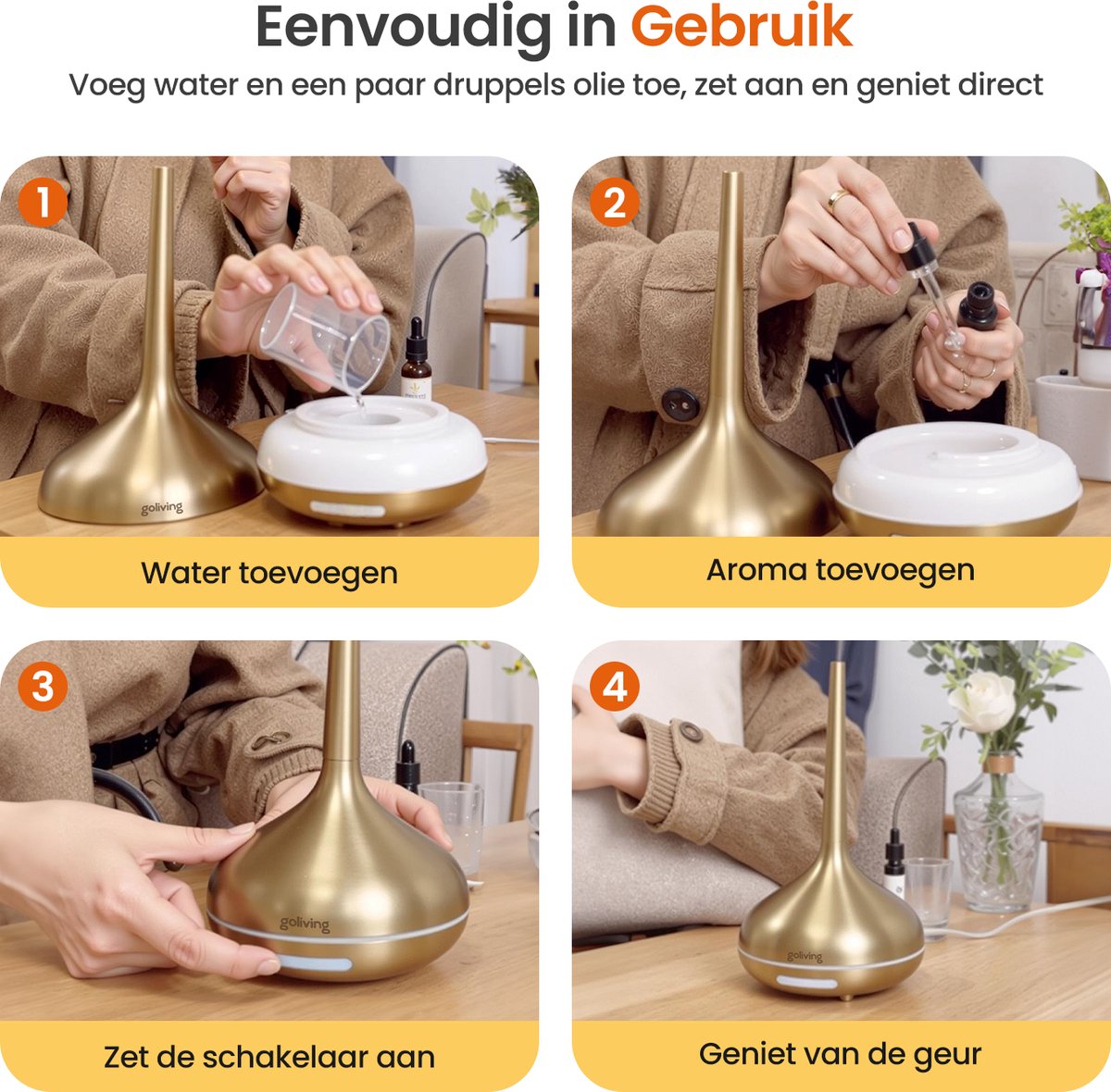 Goliving Aroma Diffuser - Luchtbevochtiger - Aromatherapie - Incl. 2x Etherische Olie - 10 LED kleuren - Geurverspreider - Goud — cadeau in Wonen & Interieur - foto 4