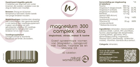 Verpakking van Natural Women care Magnesium 300 complex xtra met 60 tabletten. Zachtroze label met tekst en logo.